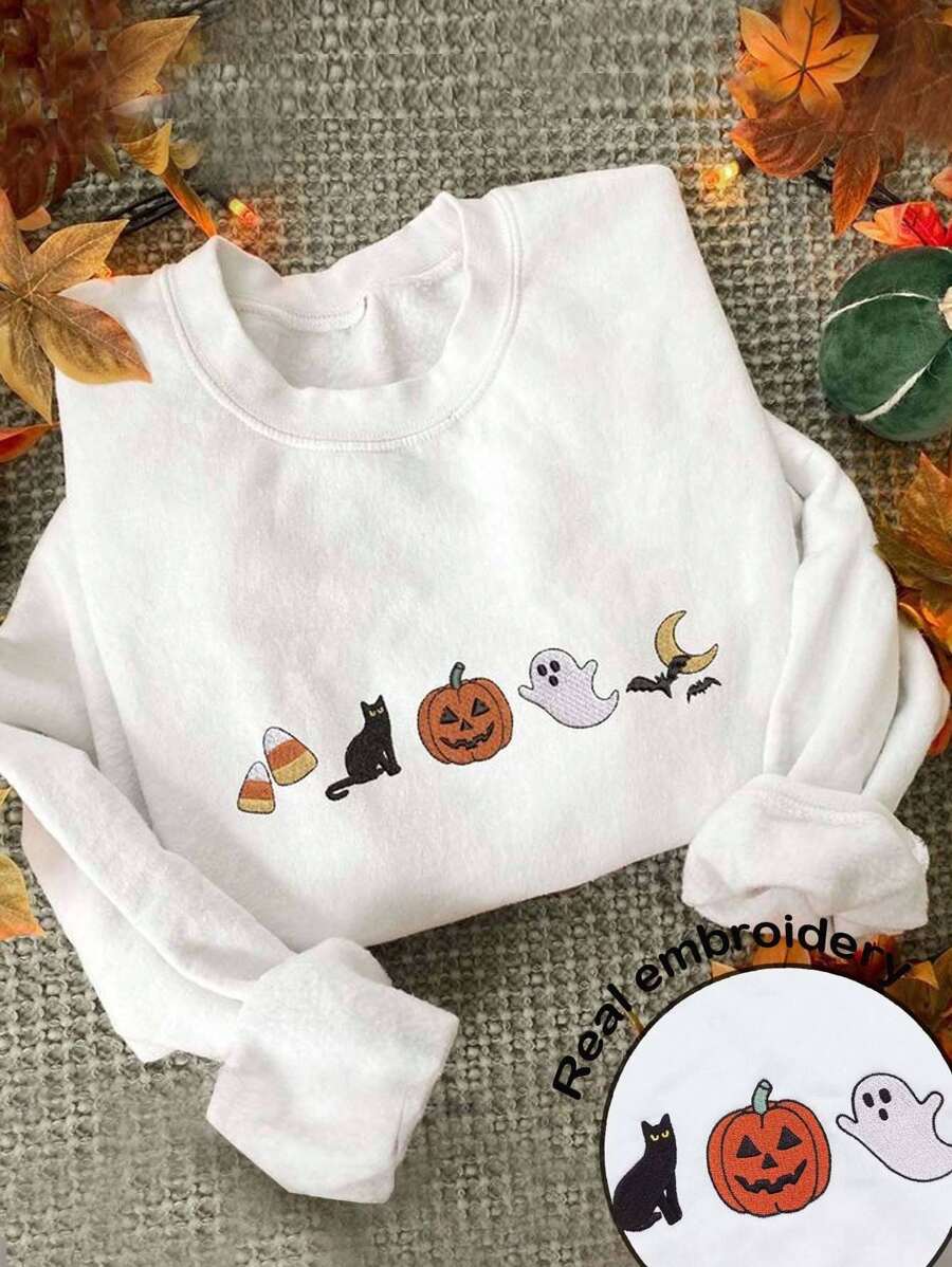 SHEIN EZwear 休闲简约万圣节鬼魂、南瓜、猫、蝙蝠印花圆领宽松女式卫衣，适合秋冬季 - 白色 - 查看 1