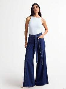 Daynim Women's Casual Knotted Waist Loose Fit Bell Bottom Jeans - Dark Wash - View 4