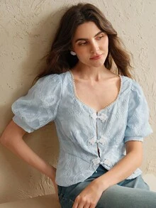 Anewsta Áo sơ mi cài nút cổ ngọc trai tay bồng cho nữ, phong cách mùa hè mới - Màu xanh lam - Xem 3
