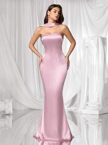 Coutiva Women's Elegant Solid Color Backless Formal Evening Gown - Pink - View 4