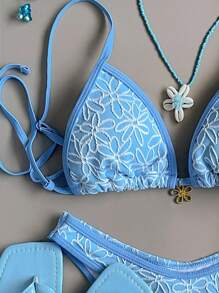 Swim Mod 2pcs Beach Summer Outfit For Women, Textured Floral Decor Spaghetti Strap Top & High Cut Bottom Bikini Set, Bathing Suit Vacation Birthday New Years Gift Present Valentines Day