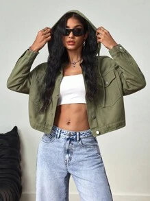 SHEIN Tall Chaqueta vaquera de manga larga con capucha, de corte holgado y casual - Verde militar - Ver 4