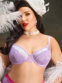 PinupPomp 大码女士撞色蕾丝时尚文胸和无钢圈文胸可爱娃娃衫 - 紫色 - 查看 1