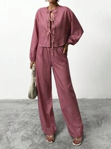 EURMUSE Women's Multicolor Bow Front Gingham Printed Elegant Two Pieces Set - Multicolor - View 1