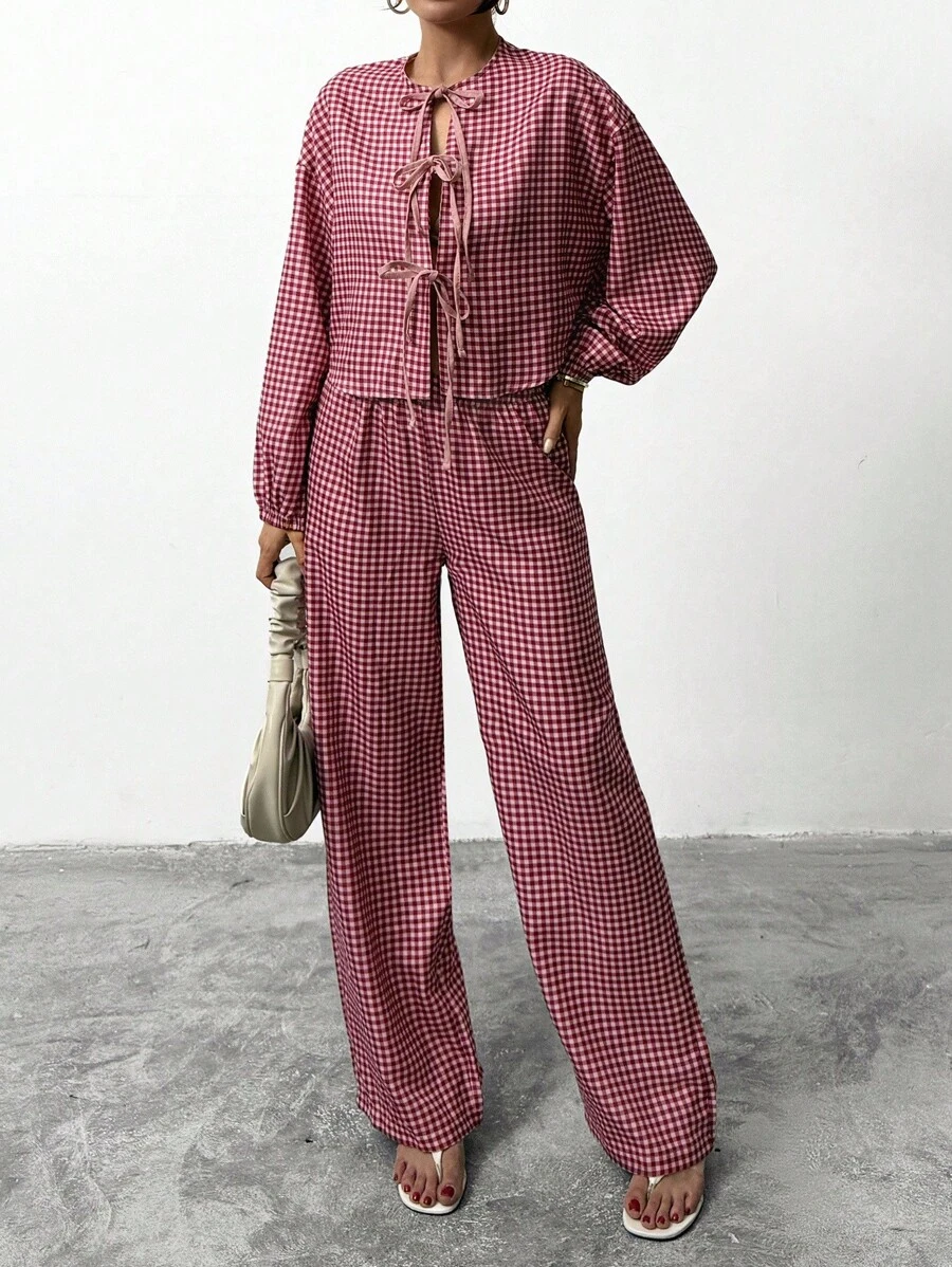 EURMUSE Women's Multicolor Bow Front Gingham Printed Elegant Two Pieces Set - Multicolor - View 1