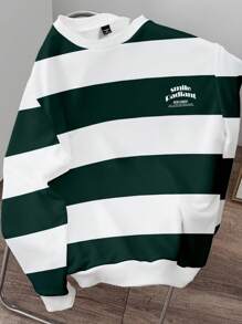 Manfinity Joysei Casual Regular Fit Men's Sweatshirt In Classic Green And White Stripes For Everyday Comfort, Long Sleeve , Fall