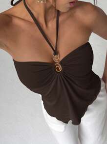 Aloruh Women's Summer Fashion Solid Color Asymmetric Hem Backless Halter Top,Halter Top - Brown - View 3