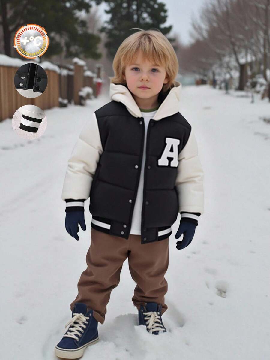 SHEIN 1pc Young Boy Kids Casual Black & White Patchwork Long Sleeve Hooded Loose Cotton Jacket, Regular Fit, New Autumn/Winter Back To School Fall - Black and White - View 1