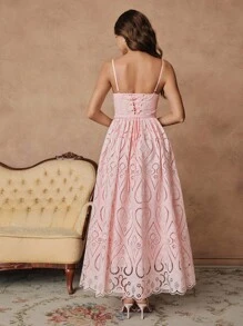 Savoree 粉色优雅浪漫女士细肩带纯色刺绣心形镂空骨束腰连衣裙，婚礼宾客礼服，仙女裙