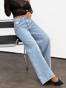 EURMUSE HIGH WAIST STRAIGHT CASUAL STYLE DENIM Wide Leg Jeans Baggy Jeans Loose Jeans Oversized Jeans Y2k Jeans - Medium Wash - View 5