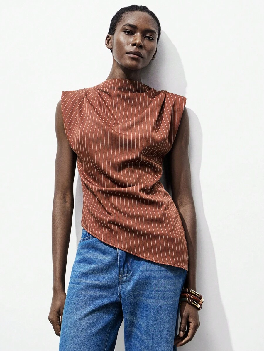 Lumivelle Women's Summer Commuter Striped Ruffle Asymmetrical Hem Blouse Maillard Style Summer Brown Clothes For University - Brown - View 1