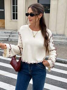 SHEIN Frenchy Women's Loose Fit Crew Neck Ruffle Trim Long Sleeve Sweater Autumn Winter Clothes For Women Casual - Beige - View 3
