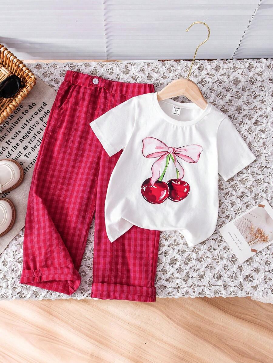 SHEIN Vintaside Kids 2 pièces/Set T-shirt à motif ours de dessin animé mignon et pantalon à carreaux, tenue décontractée d'été pour jeune fille