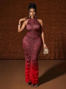 Maweii Plus Size Women Ombre Off Shoulder Ruched Bodycon Dress - Multicolor - View 5