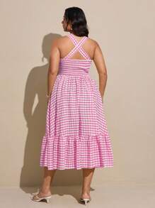 Viva Relle Große Größen Karo Herzausschnitt Krawatte Rüschen Saum Ärmellos Lässig Kleid für Damen, Sommer