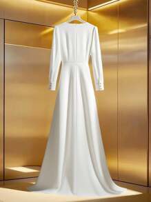 Franclia Women's Solid Color Asymmetric Collar Button Design Puff Sleeve Elegant Dress Fall Cloth For Women