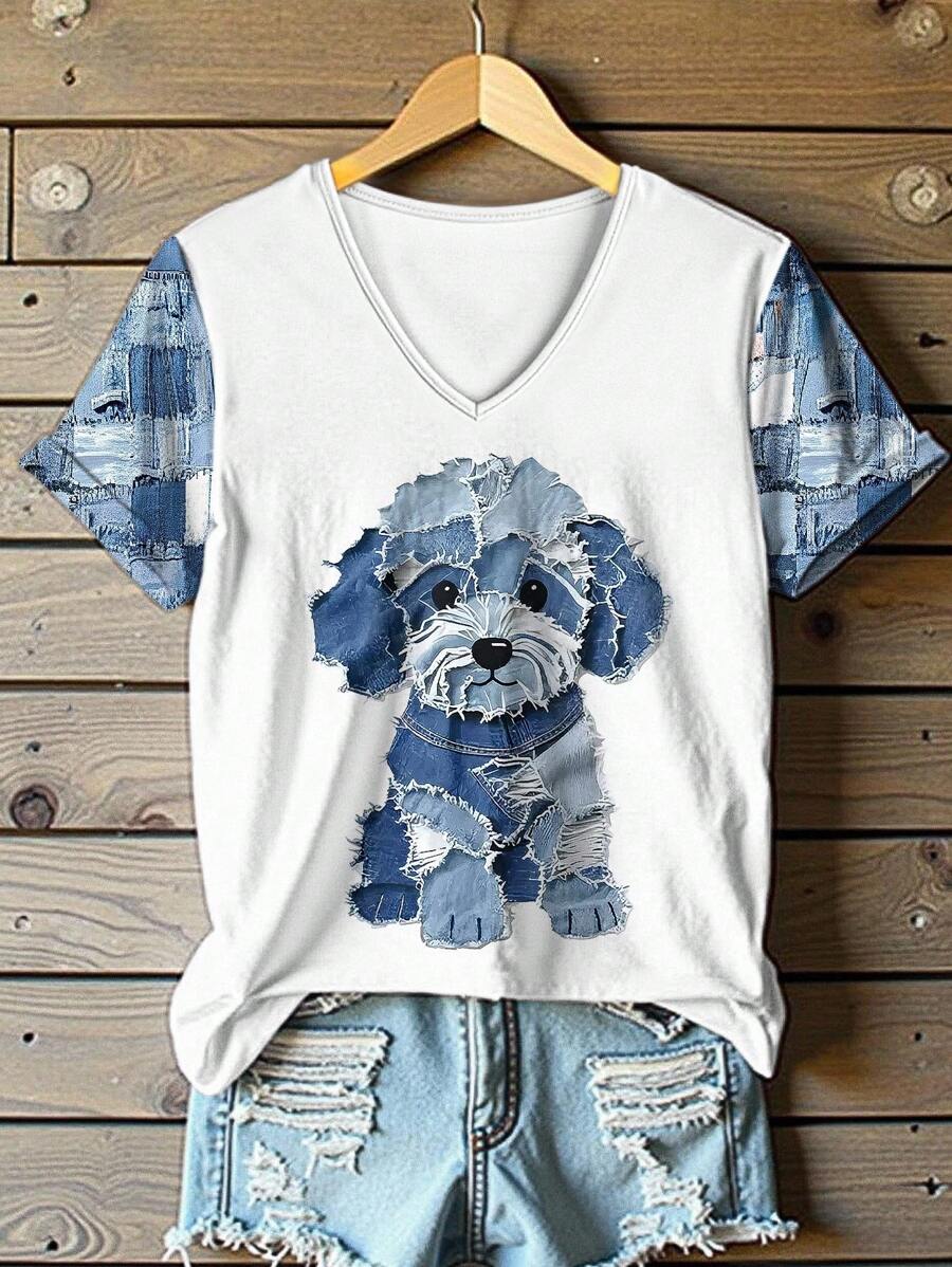 EMERY ROSE 女式拼色狗狗印花 V 领短袖 T 恤，舒适时尚，适合日常穿着 - 白色 - 查看 1