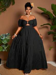 Maweii Plus Size Solid Color Off-Shoulder Dress, Casual Holiday Style - Black - View 1