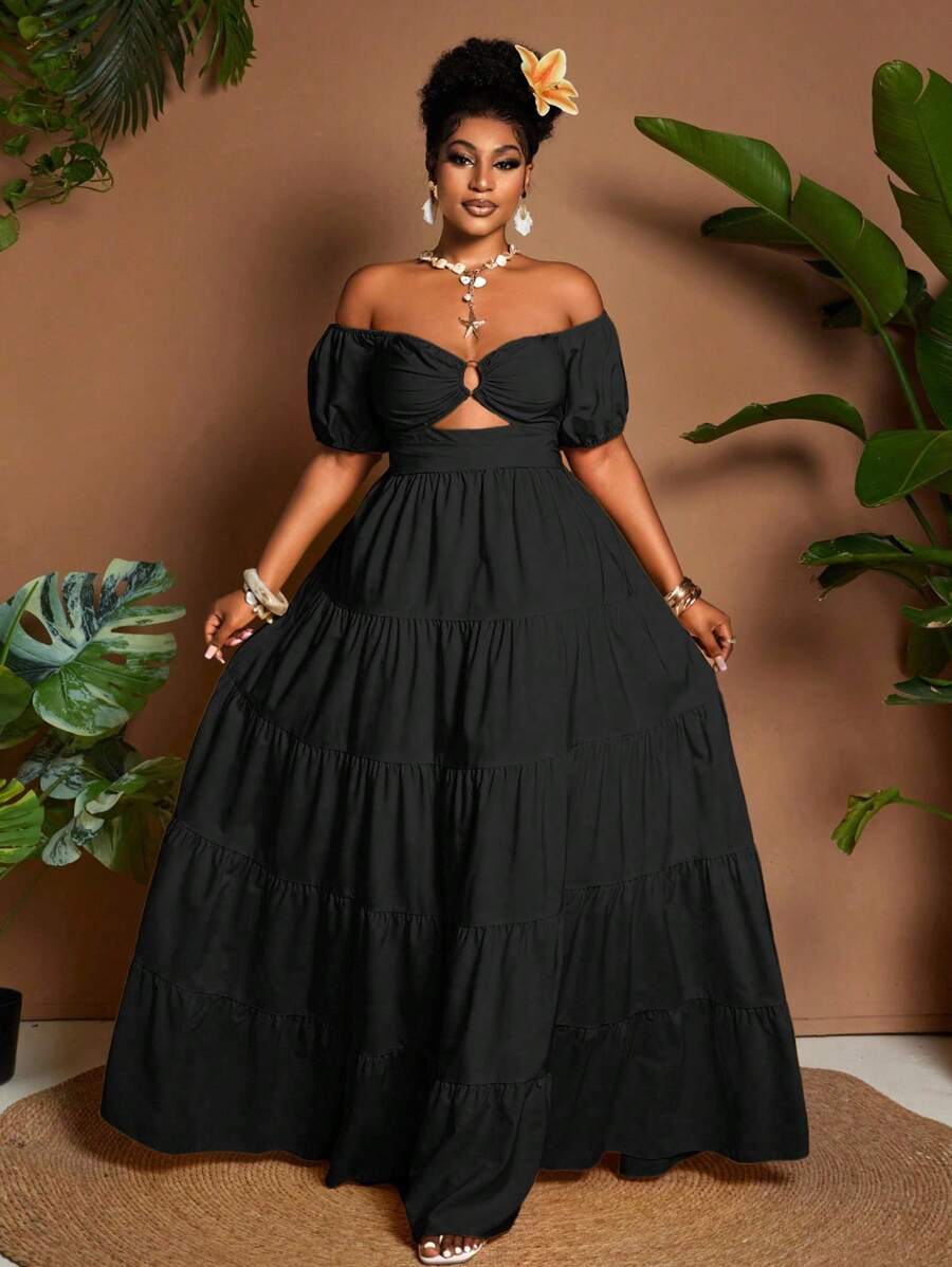 Maweii Plus Size Solid Color Off-Shoulder Dress, Casual Holiday Style - Black - View 1