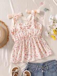 女童花卉印花蝴蝶结荷叶边吊带背心