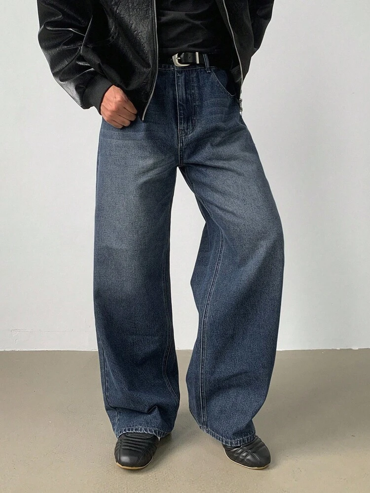 Men's Distressed Washed Dark Blue Denim Jeans, Autumn