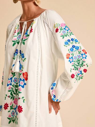 Travachic Vacation Printed Loose Long Sleeve Mini Dress For Women Ukrainian Clothing Embroidered Floral Blouse ,Fall Clothes For Women,Bohemia Style