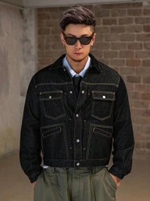 DAZY 男士短款街头风格黑色牛仔夹克，秋季 - 黑色 - 查看 7