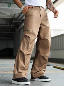 Manfinity EMRG Herren Lässig Plissee Gerade Bein Hose, Straßen-Stil Jugend Weite Cargo Hose Khaki Cargo Hose Braun Cargo Hose Herren Cargo Hose Herren Taktische Arbeitshose
