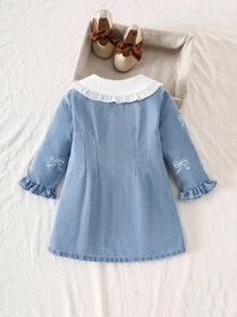 Mädchen/Kleinkinder/Babys modische, süße Schleifenprint Langarm Denim Kleid mit Knopfkragen, weich & bequem, locker geschnitten, geeignet für Outdoor-Tragen im Frühling und Herbst