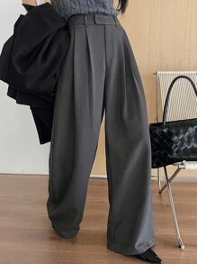 DAZY 女士宽松口袋阔腿裤，休闲街头风西装裤，秋冬商务装 - 深灰色 - 查看 6