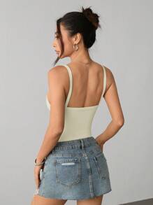 SHEIN PETITE Women's Ribbed Ribbed High Elastic Tight Suspender White Bodysuit - White - View 2