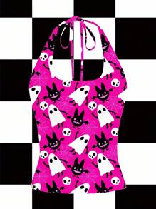 Shutterstock Women's Halter Neck Spaghetti Strap Fashion Summer Halloween Element Print Top Pink And Black Halloween Top Pink Ghost Top Halloween Rave Pink Rave Top Going Out Tops - Pink - View 3