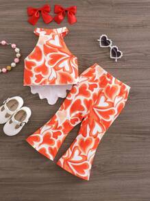 SHEIN Babygirl 两件套时尚心形针织吊带上衣和喇叭裤 - 橘色 - 查看 2