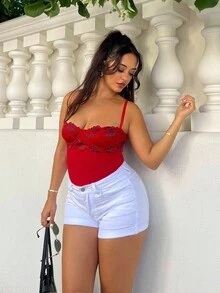 NegzBox 女士蕾丝拼布无袖紧身吊带背心 - 紅色 - 查看 4