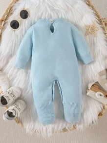 SHEIN 男宝宝圆领针织长袖连脚连体裤，适合秋冬季，蓝色和浅蓝色纯色，时尚可爱，适合日常穿着，室内和室外 - 藍色 - 查看 2