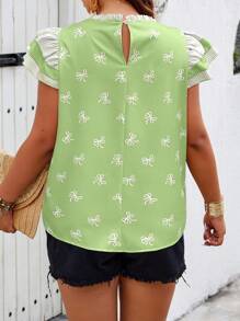 SHEIN Holidaya Plus Size Women's Round Neck Cap Sleeve Blouse With Random Bow Print - Multicolor - View 2