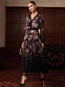 ZEYLAH Lace Patchwork Print Maxi Dress, Autumn/Winter - Black - View 6