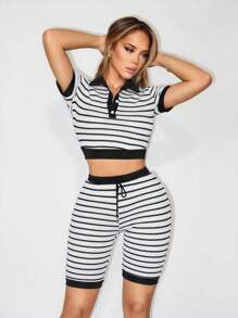 Sirith Striped Design  Women's Black And White Striped Drawstring Waist Casual Shorts - Black and White - View 2