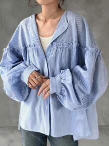 FRIFUL 女式长袖条纹面料拼接荷叶边褶饰宽松休闲百搭正式衬衫，秋季女装 - 藍色 - 查看 8