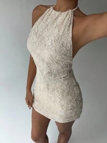 Aloruh Váy mini voan thêu hở lưng gợi cảm cho nữ, dáng chữ A, phù hợp cho kỳ nghỉ - Màu be - Xem 4