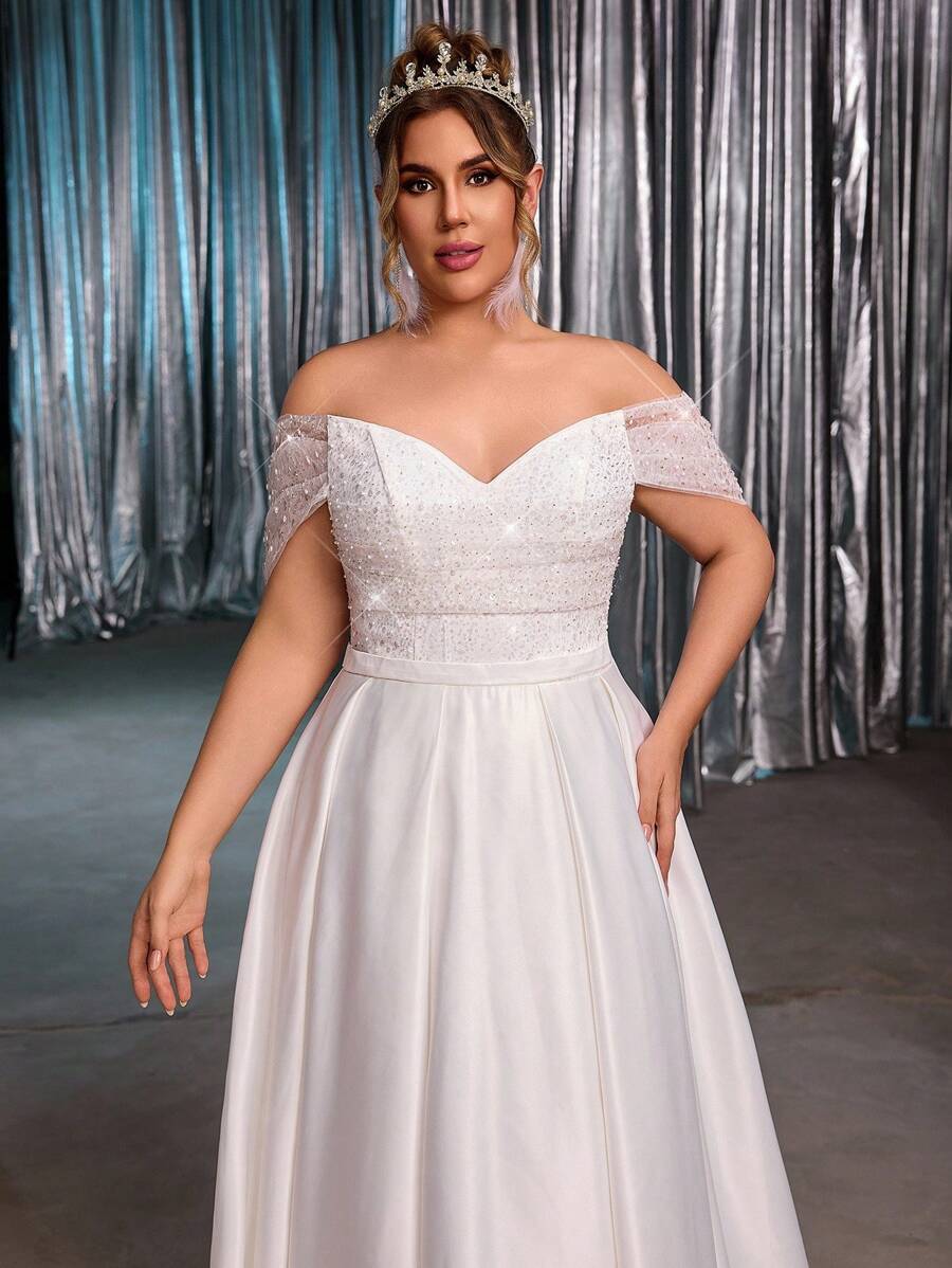 Glamrae Plus Size Elegant Romantic White Draped Neck Cold-Shoulder Luxury Beaded Flounce Waist Mermaid Wedding Dress With Detachable Train - White - View 1