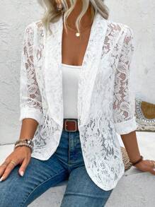 EMERY ROSE Ladies' Lace Loose Jacket With Shawl Collar And Half Curve Hem For Holiday Party Clothes
