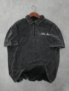 Manfinity EMRG 1pc Men Letter Pattern Zipper Acid Wash Polo Shirt