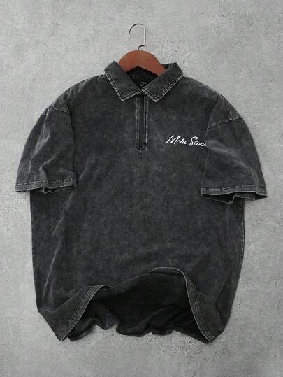 Manfinity EMRG 1pc Men Letter Pattern Zipper Acid Wash Polo Shirt