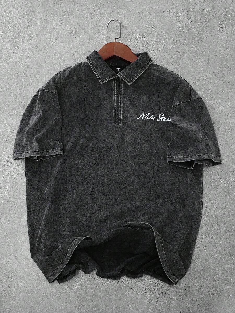 Manfinity EMRG 1pc Men Letter Pattern Zipper Acid Wash Polo Shirt