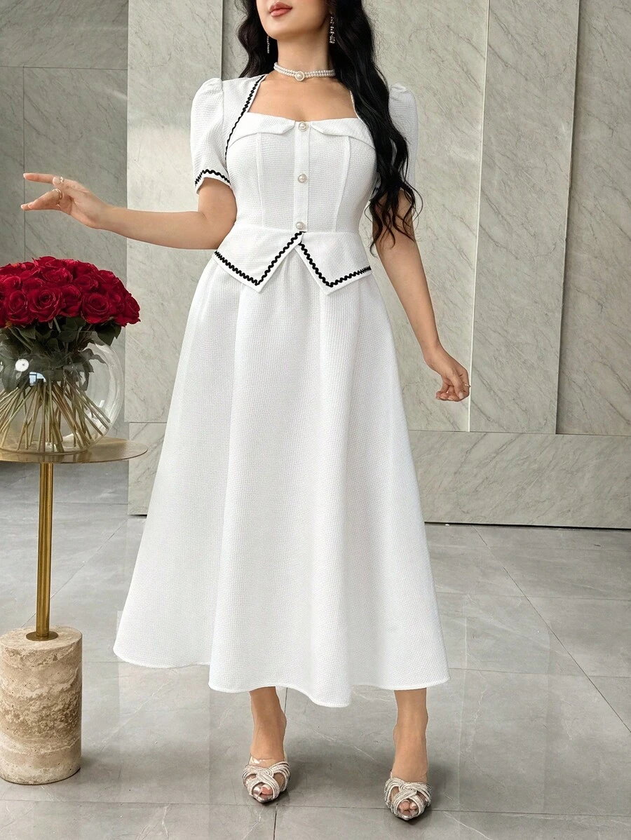 Feyla Vestido midi elegante de mujer con cuello de ojo de cerradura, mangas abultadas y cinta de contraste en la cintura