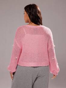 Rustia Áo len cardigan đính ngọc trai cỡ lớn dễ thương phong cách đường phố, màu hồng, mùa thu/đông - Hồng - Xem 3