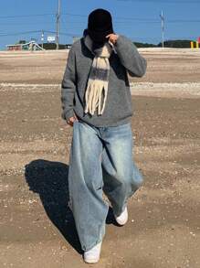 DAZY 男士纯蓝色水洗牛仔裤，秋季，Emo风格 - 藍色 - 查看 4