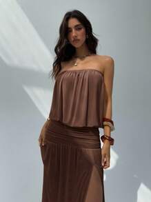 Aloruh Women's New Arrival Sleeveless Solid Color Dress, Summer Clothing, Backless Dress With Drapery Design, Long Dress With Umbrella Hem, Sheer Dress - Brown - View 6