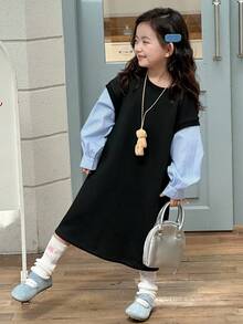 DAZY Vestido curto de manga comprida com decote redondo e contraste de cores para meninas (pequeno)